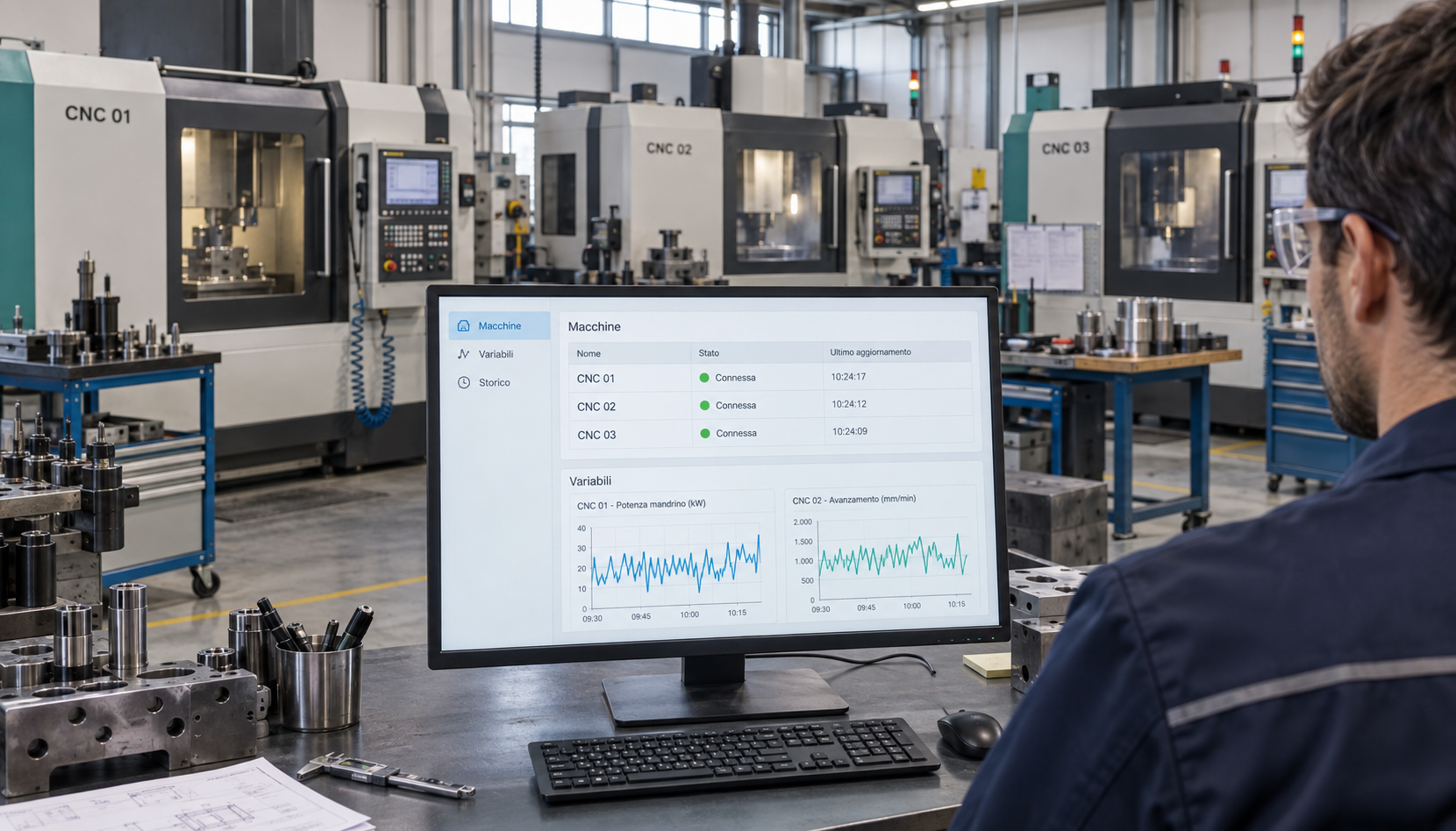 Scena illustrativa: un tecnico monitora tre macchine CNC da una postazione con stato delle connessioni e grafici delle variabili